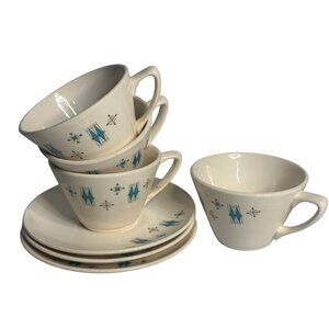 VTG 50s Salem American Ironstone Tea Coffee Cup Saucer Set 4 Cups 3 Saucers MCM